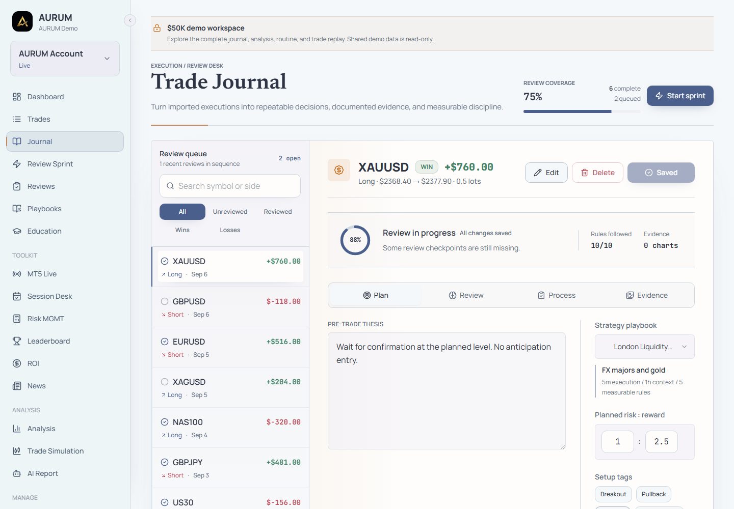 AURUM demo Trade Journal with its trade queue, review progress and decision fields