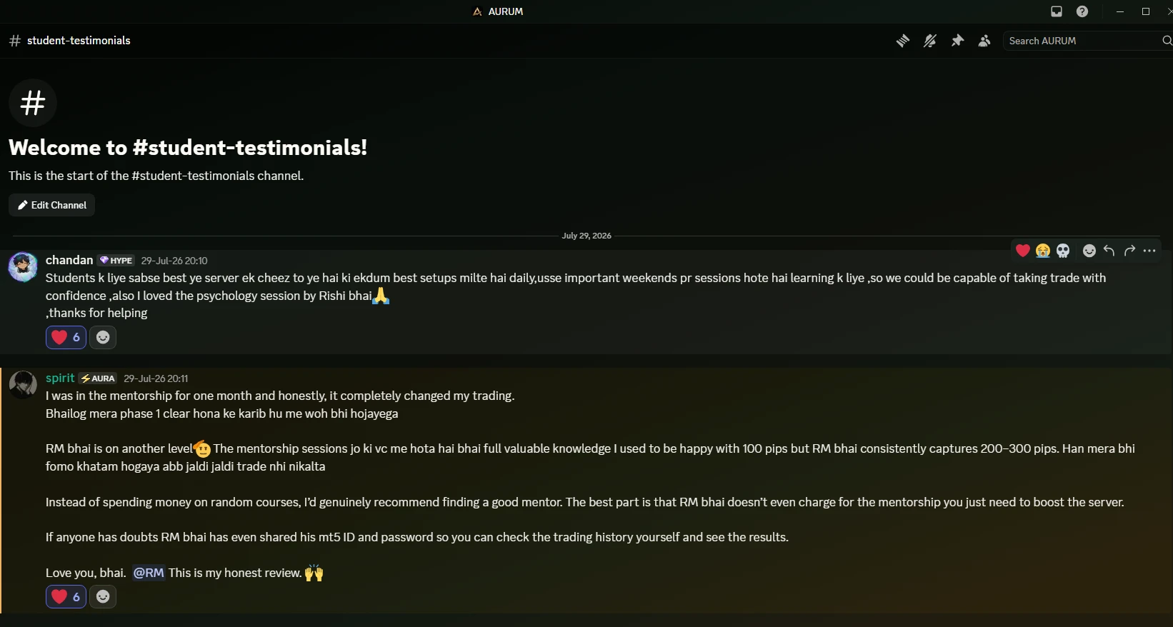 Discord feedback from Chandan and Spirit about AURUM mentorship, psychology sessions and trading confidence
