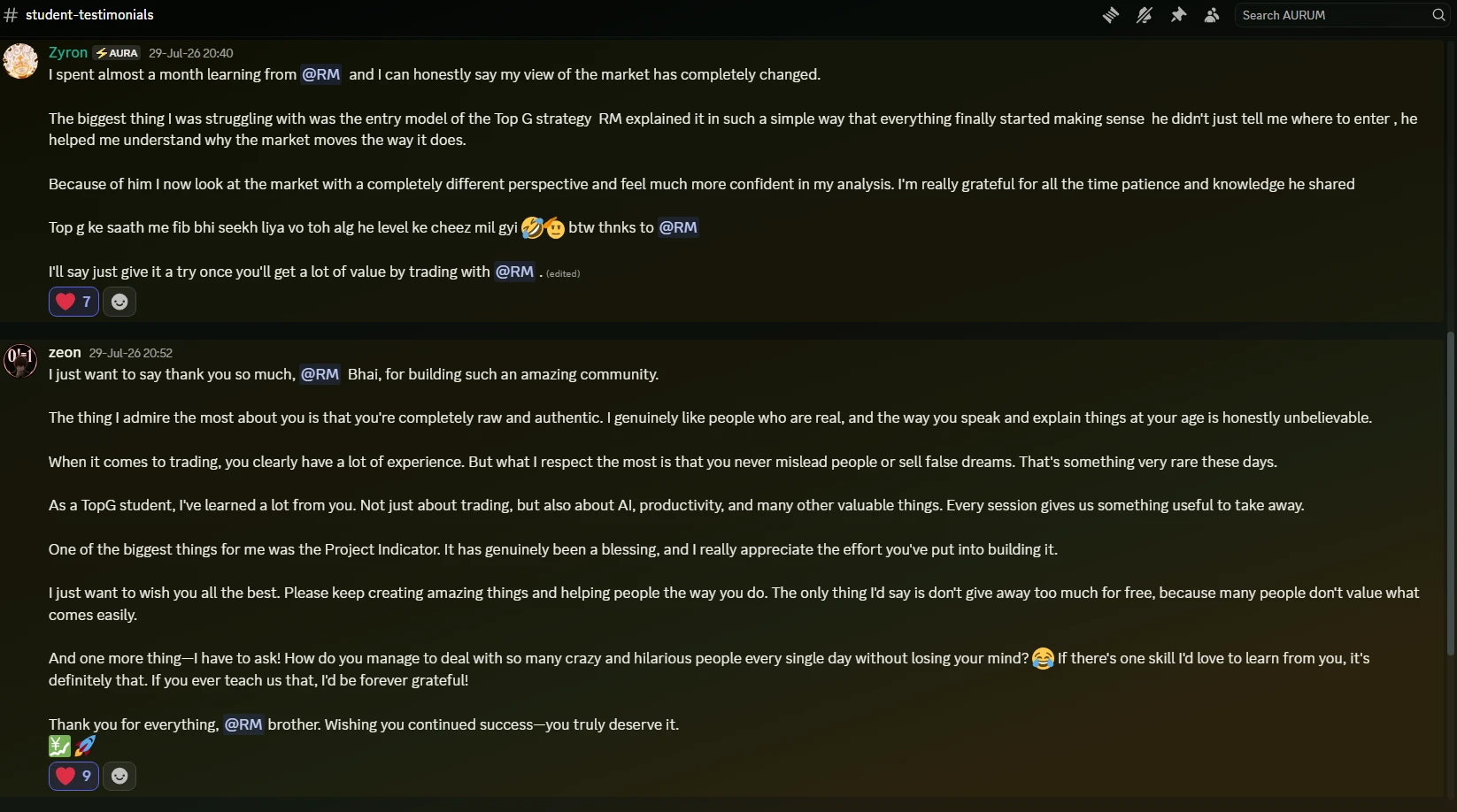 Discord feedback from Zyron and Zeon about RM's market teaching, authenticity and community