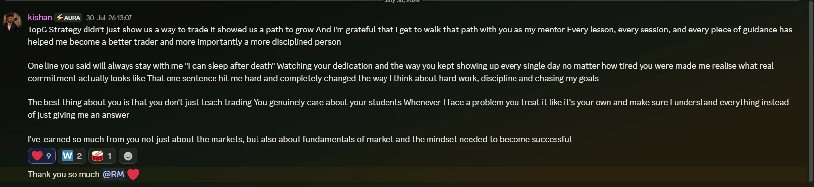 Discord feedback from Kishan about mentorship, discipline and personal growth
